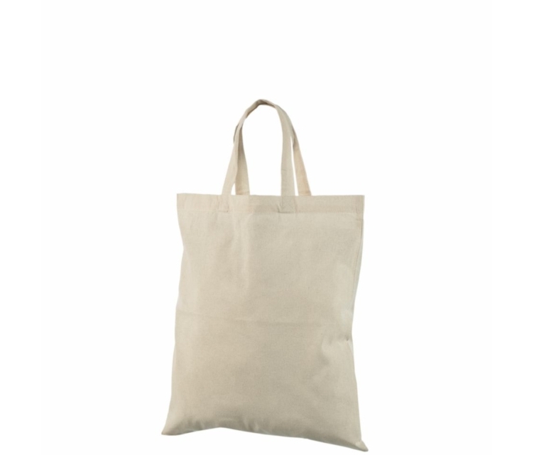 Prisvenlig naturfarvet mulepose i bomuld med korte håndtag. Størrelse 38 x 42 cm