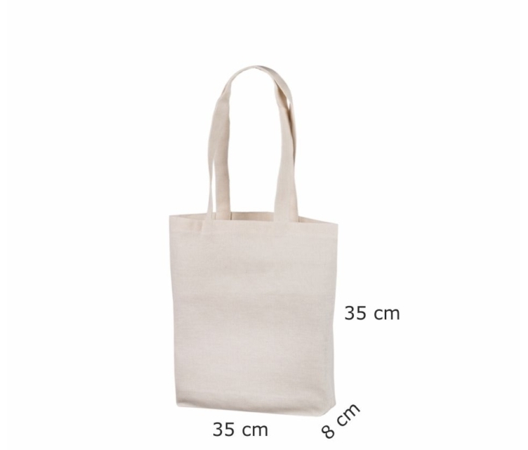 Naturfarvet mulepose i økologisk bomuld med tryk 35×35+7 cm.