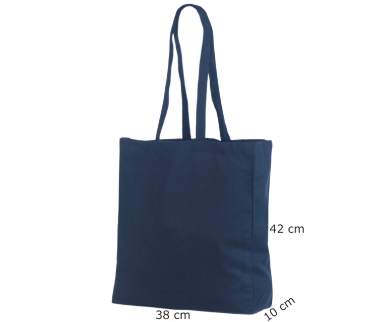Prisvenlig mørkeblå mulepose i bomuld. Størrelse 38 x 42 cm.