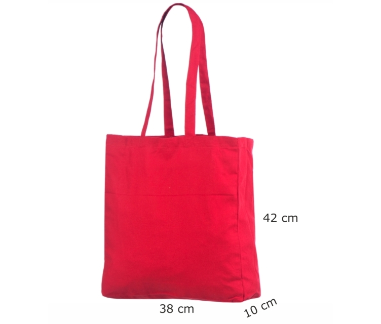 Rød mulepose i bomuld med bred bund.38x10x42 cm.