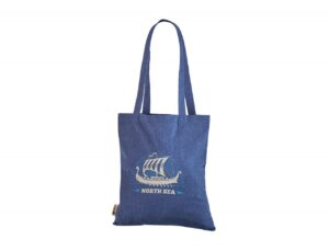 Marineblå mulepose i genbrugt bomuld. Størrelse 38 x 42 cm.